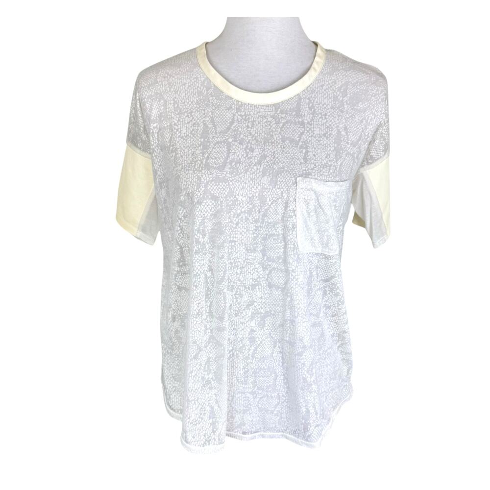 Rebecca Taylor Snake Print Burnout White Leather Trim Short Sleeve Sheer Top